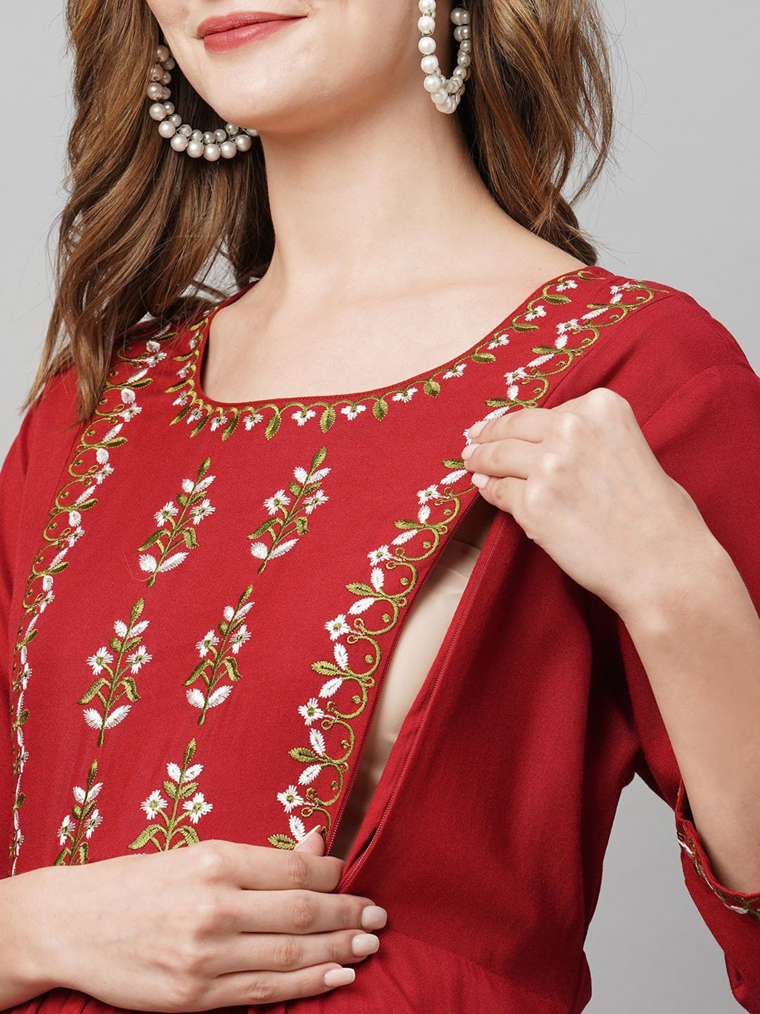 MomToBe Maroon Embroidered Maternity Kurta
