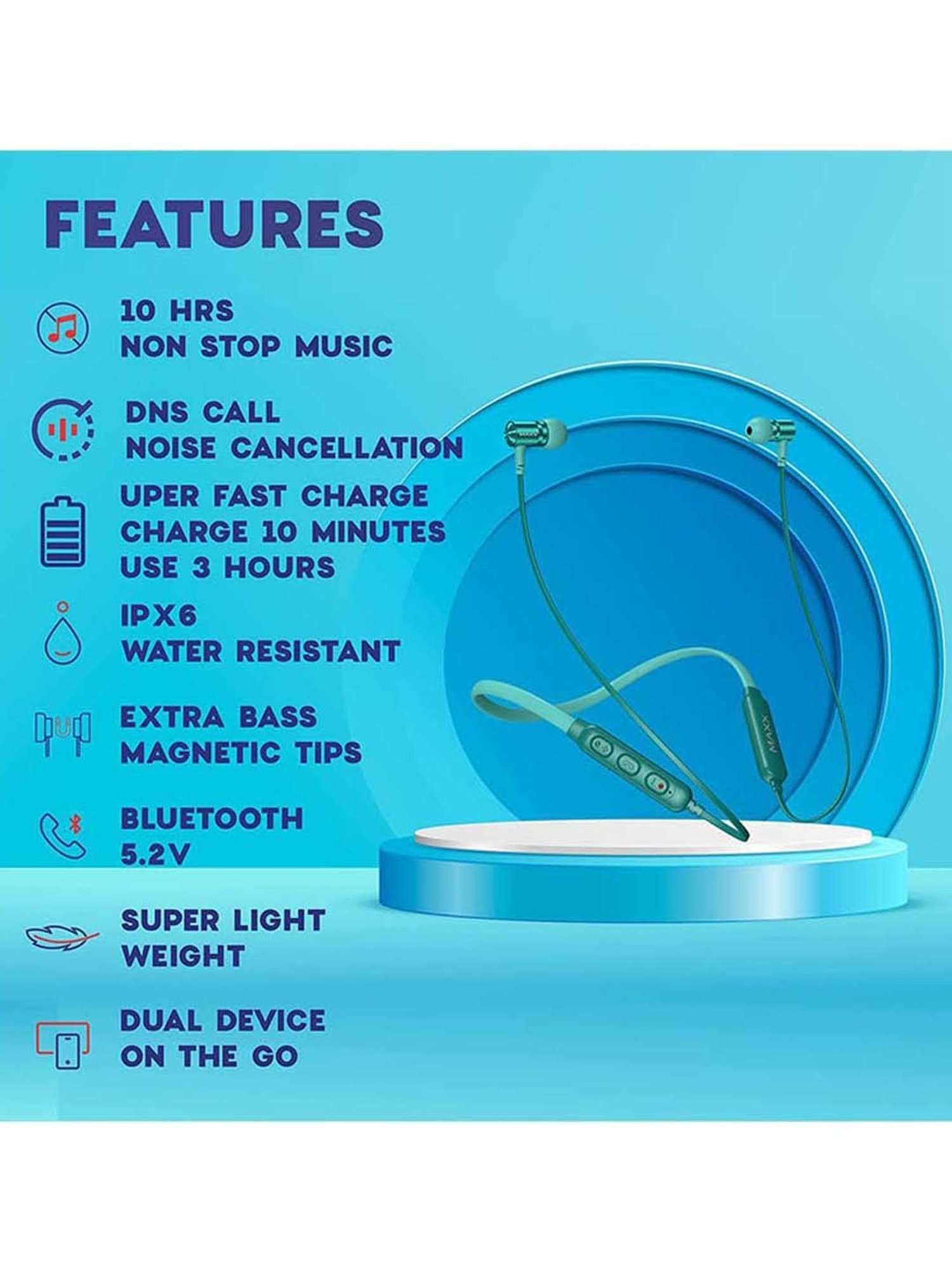 Maxx NX3 Wireless Neckband with Rapid Charge (Cyan Blue)