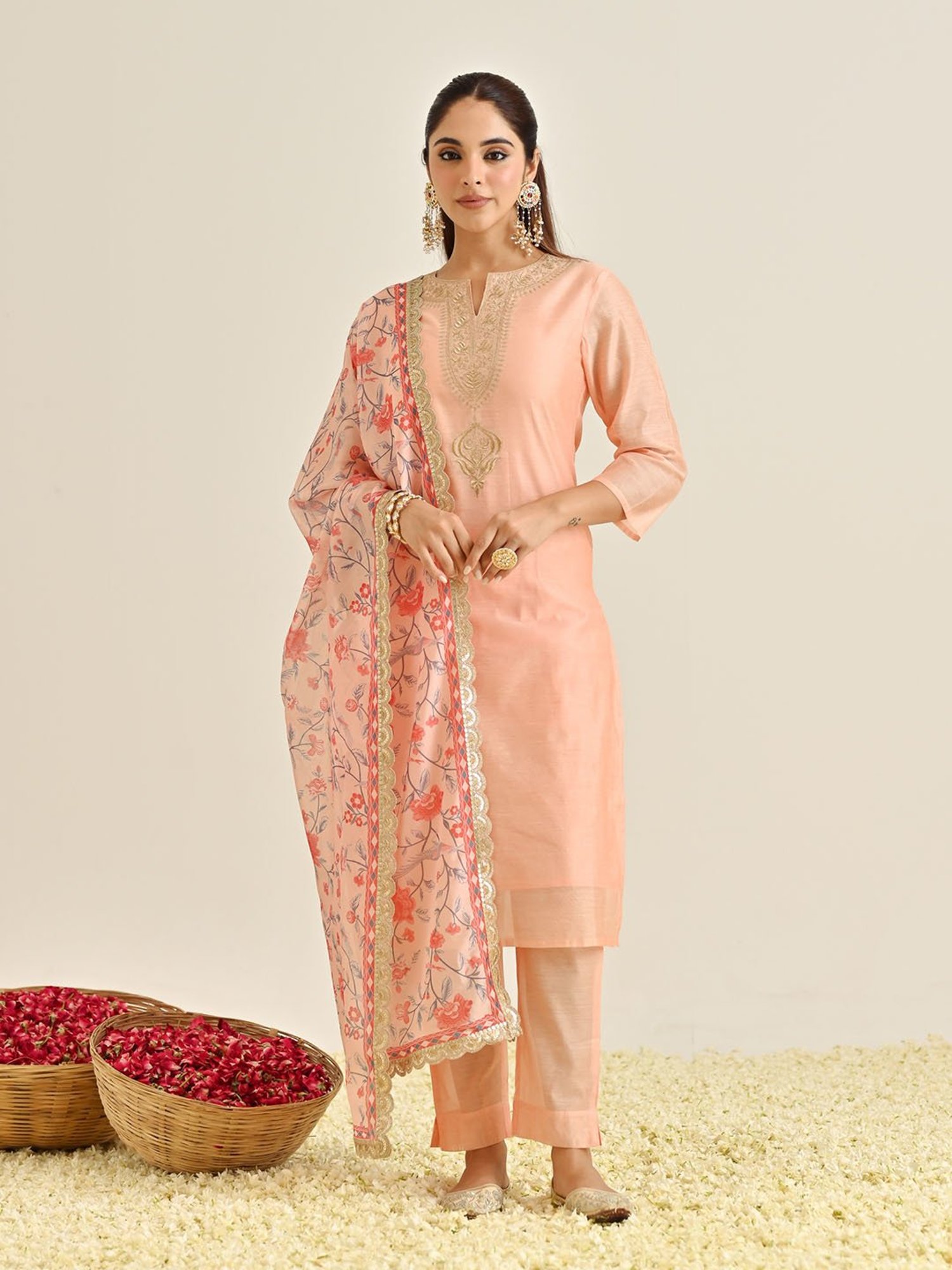 Rustorange Peach Embroidered Kurta With Pant & Dupatta