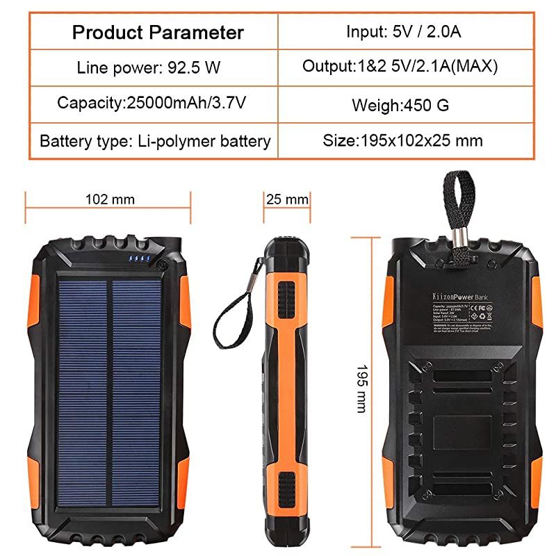 Solar Phone Charger 25000mAh Outdoor Portable Chargers with Dual 21A USB OutportSolar Power Bank External Battery Powerd Pack with Flashlight for iPhoneSamsungCampingShockDustWaterproof