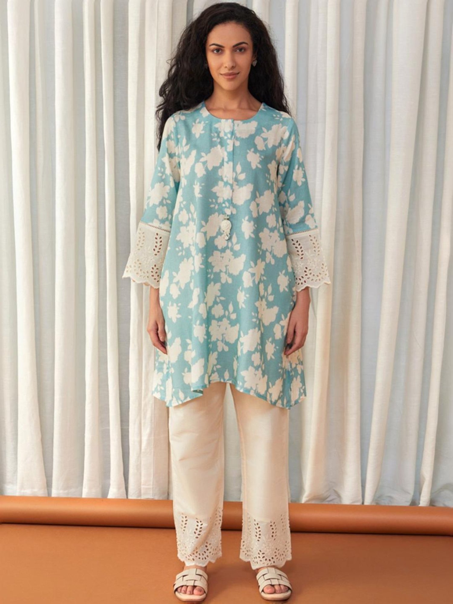 Bombay Bloom Unbleached Aqua Blue Flared Cutwork Linen Tunic with Pant Co-ord Set