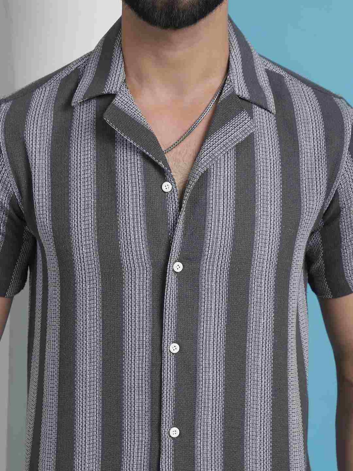 Indian Needle Grey Cotton Regular Fit Striped Shirt