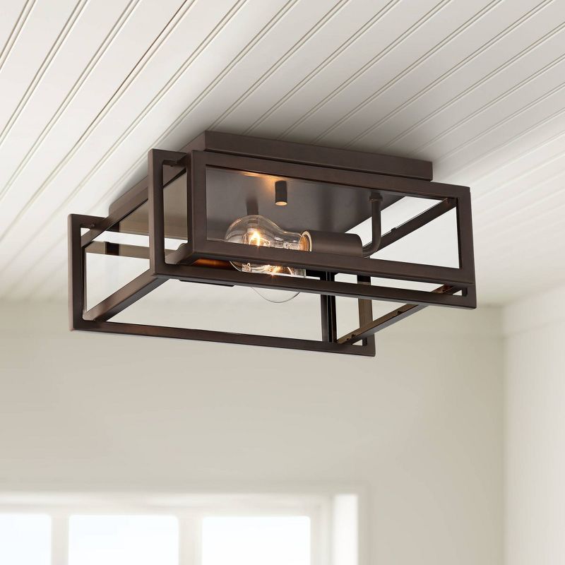 Franklin Iron Works Modern Industrial Ceiling Light Flush Mount Fixture Oiled Bronze 14" Wide 2-Light Clear Glass Bedroom Hallway