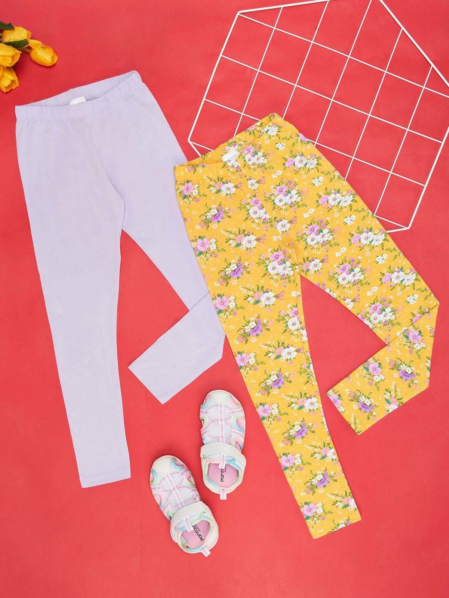 YU by Pantaloons Girls Yellow & Blue Cotton Floral Print Leggings (Pack of 2)