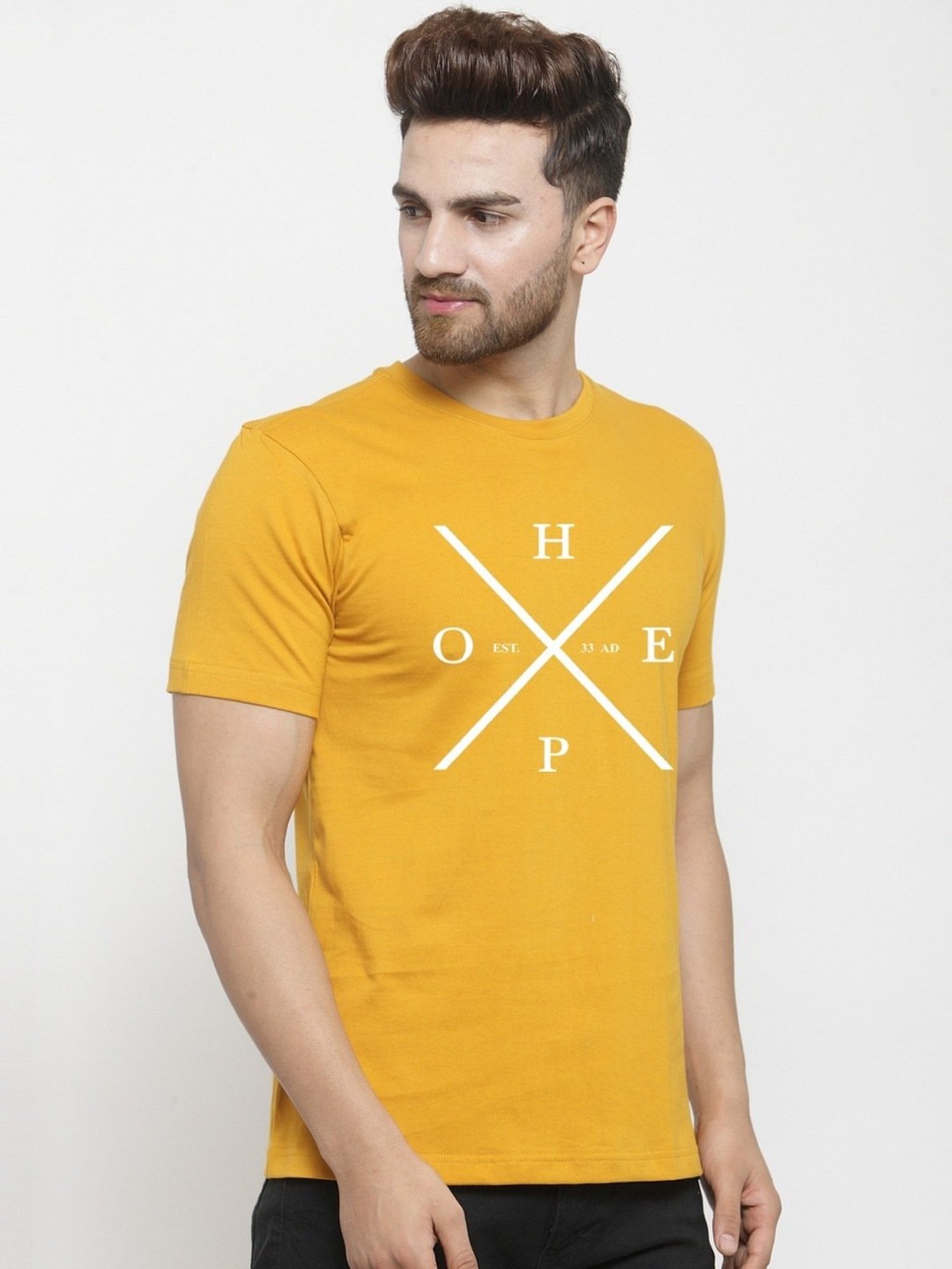 Friskers Mustard Cotton Slim Fit Printed T-Shirt