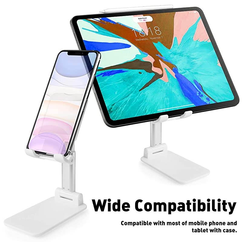 Cell Phone Stand Tablet Holder  Height Adjustable Aluminum Mount Dock Cradle for iPhone Samsung Tablet iPad Nintendo Switch Kindle Great for Facetime Recipe ReadingWhite