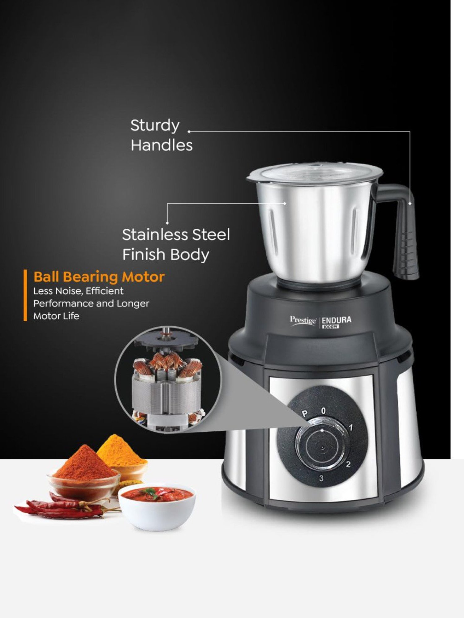 Prestige Endura Multicolor 1000W Mixer Grinder With 3 Jars