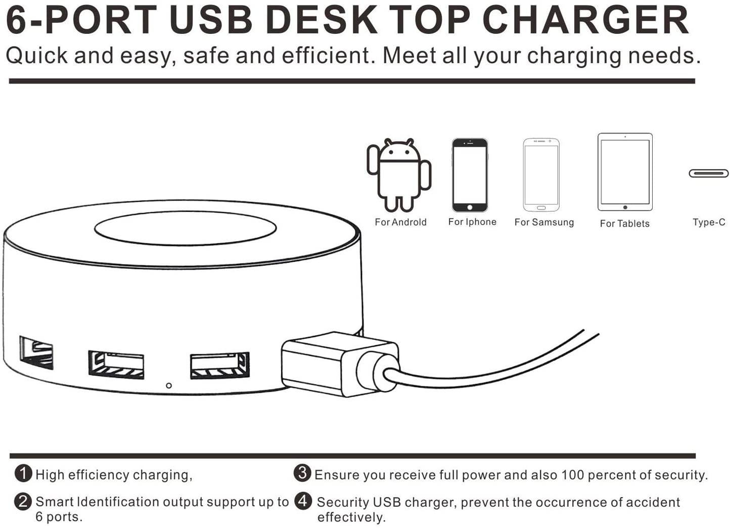 6-Port USB Charger Desktop Charging Station(Type-C Quick Charge 3.0 and 4 USB Ports)PowerPort 6 Multi USB Charger Hub for Smartphone Tablet Headset Bluetooth Speaker and More White