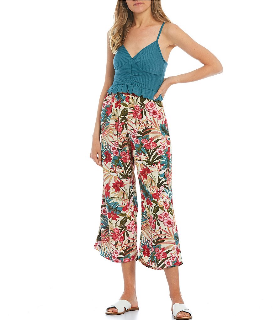 Evolutionary Elastic-Waist Wide-Leg Tropical Print Crop Pull-On Pants