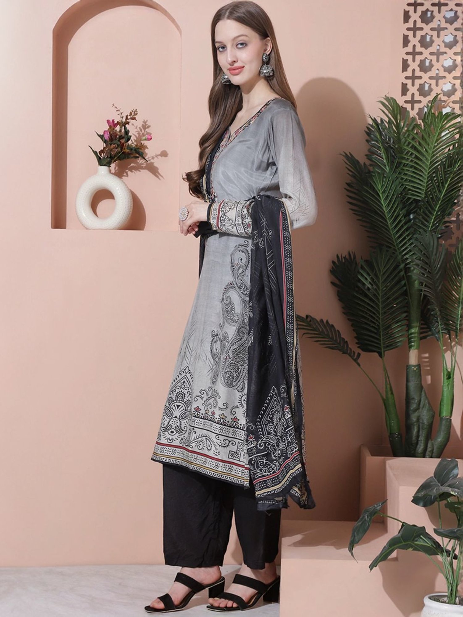 Stylee LIFESTYLE Grey Embroidered Unstitched Dress Material