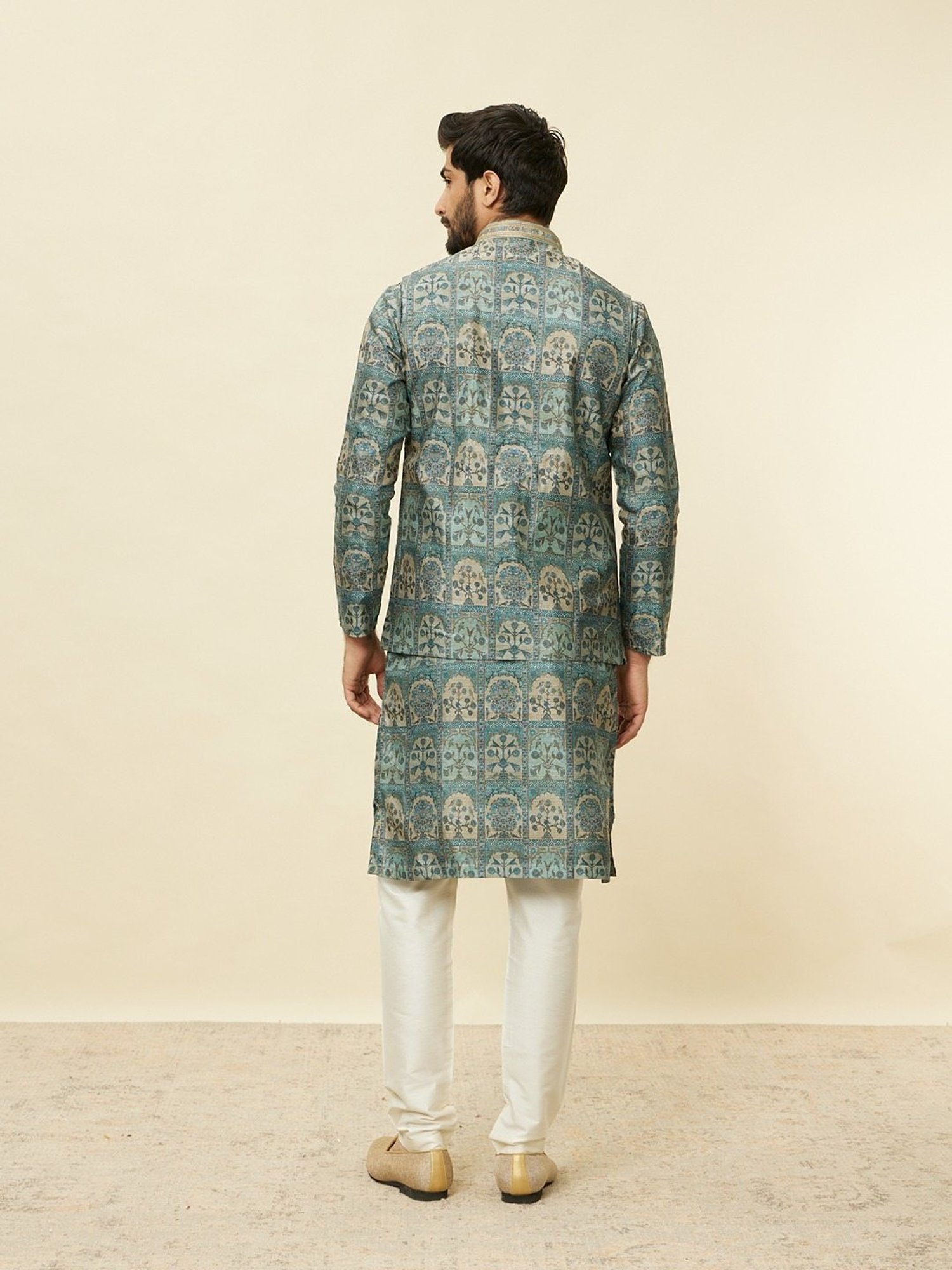 Manyavar Green Regular Fit Printed Nehru Jacket