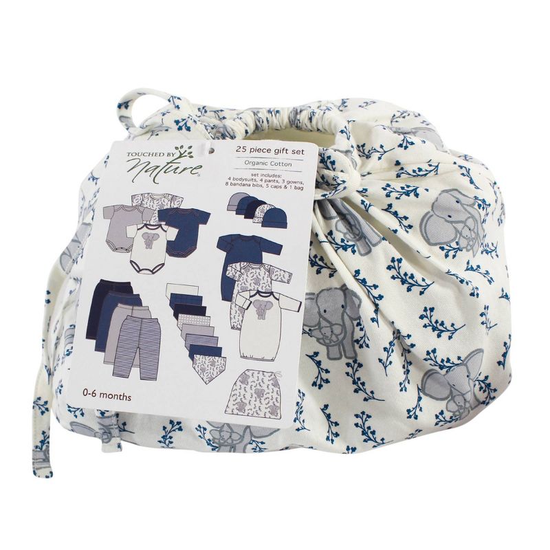 Touched by Nature Baby 25pc Organic Cotton Gift Cube Bodysuit - Elephant - Blue/White 0-6M