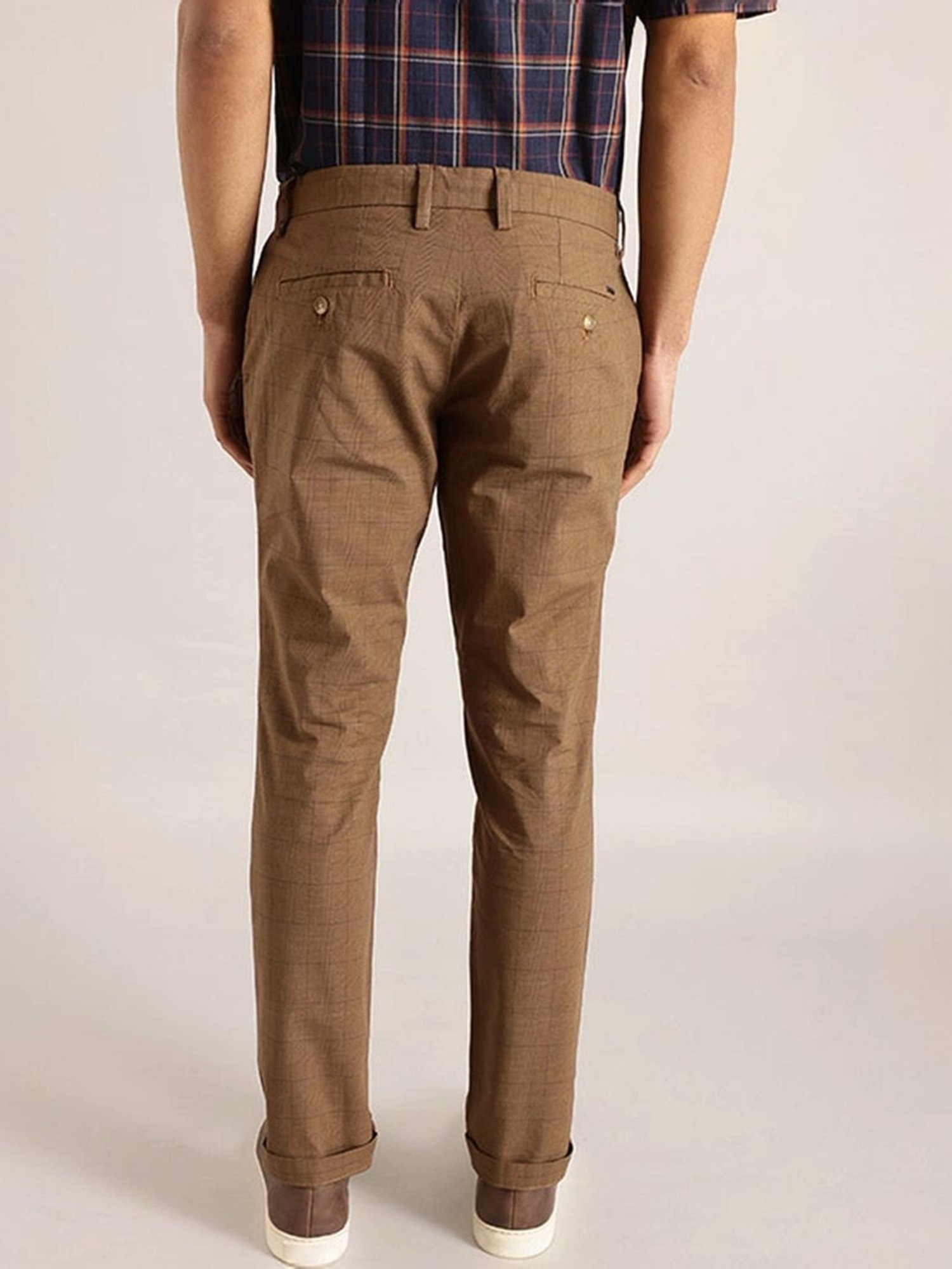Indian Terrain Dark Khaki Tapered Fit Checks Chinos