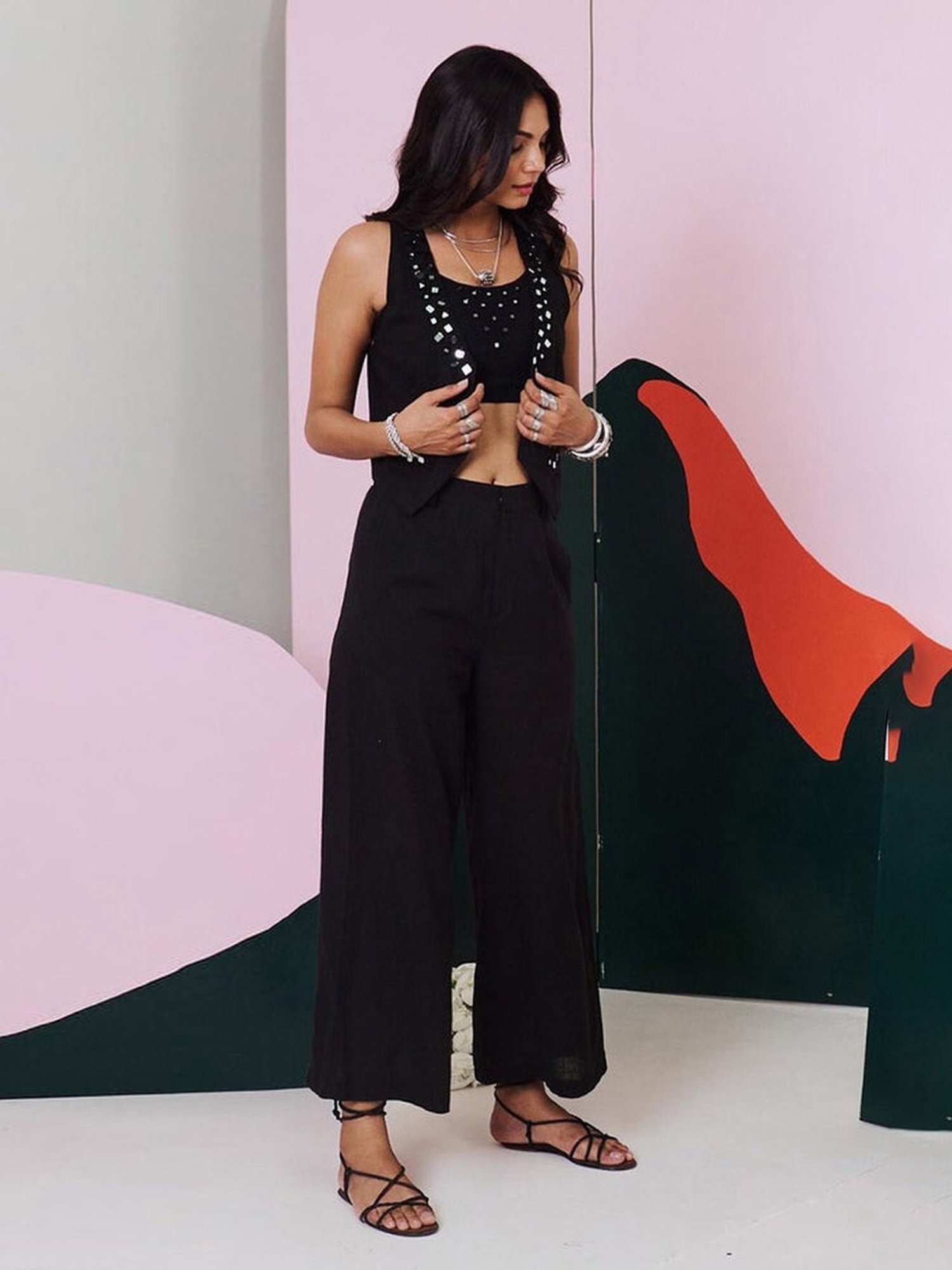 Gulaal Black Aaina Mirror Embroidered Waist Coat