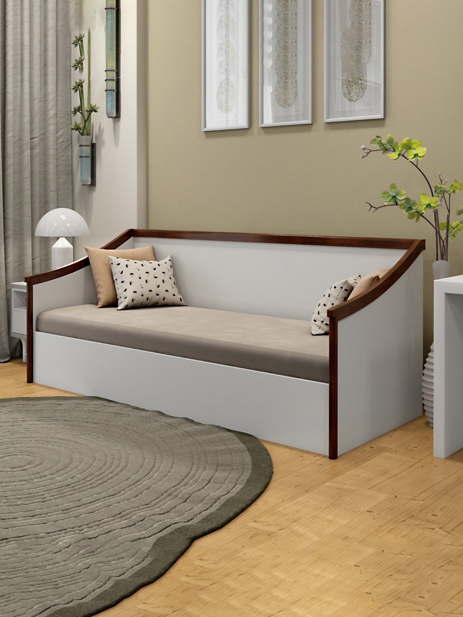 Durian Francis Modern Frosty White & Brown Solid Wood Sofa Cum Bed Walnut Finish