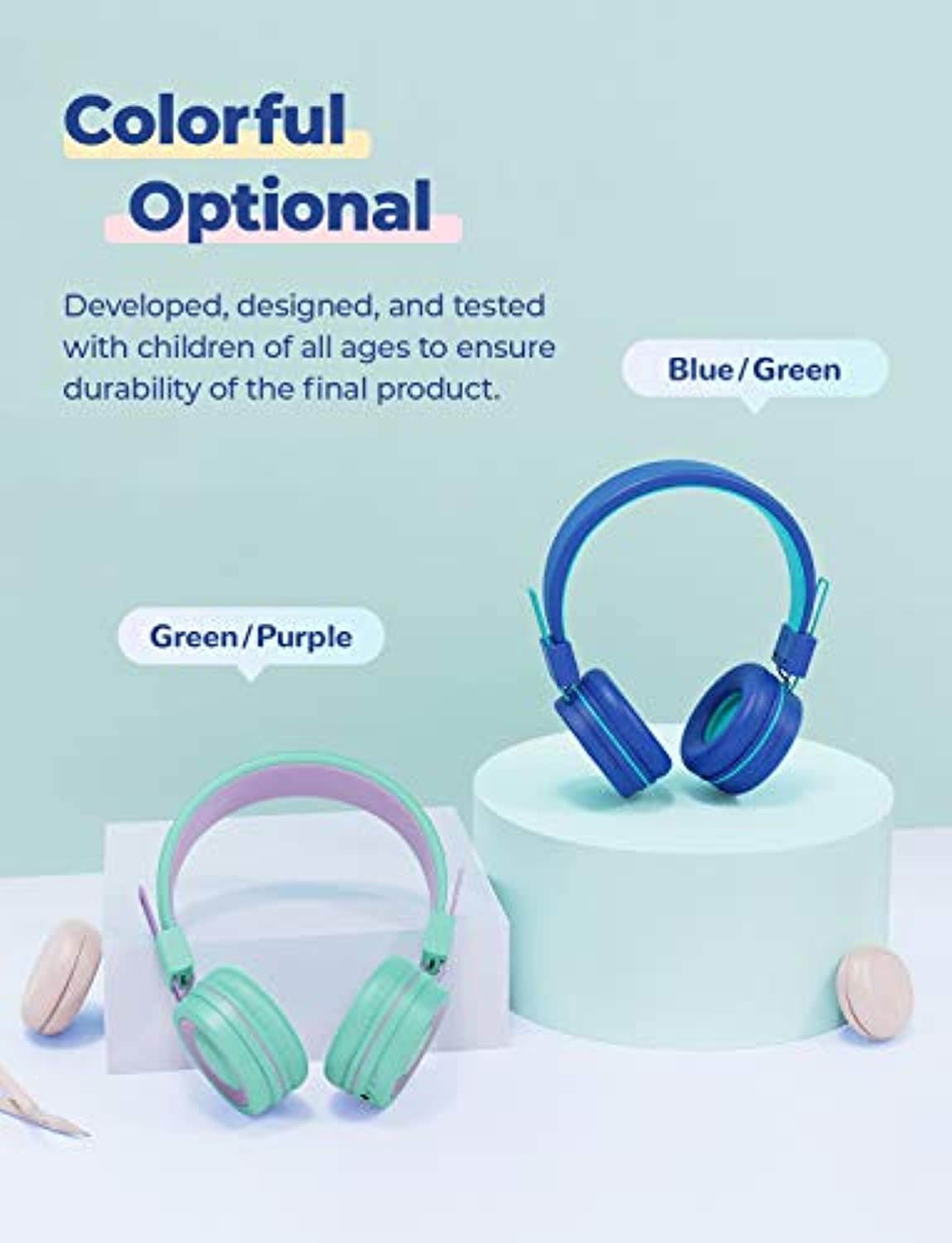 [2 Pack] iClever BTH02 Kids Wireless Headphones - Online Schooling Headphones for Kids with MIC, Volume Control Adjustable Headband - Children Headsets for School iPad Tablet Airplane PC, Green/Blue