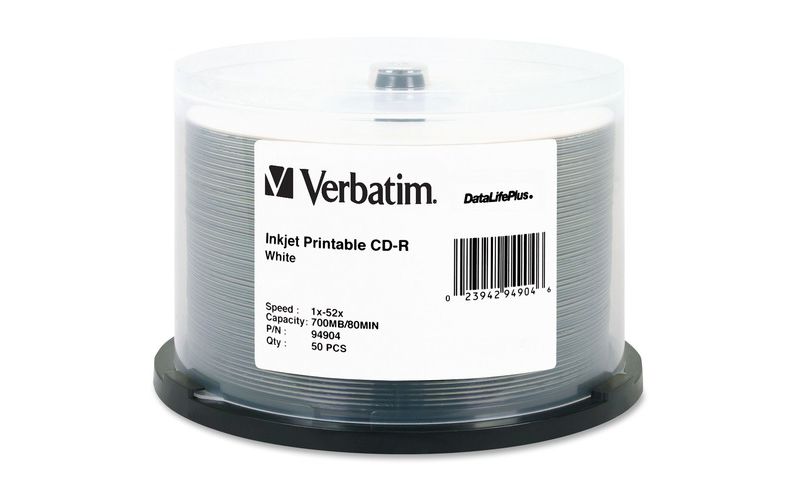 Verbatim CD-R 700MB 52X DataLifePlus White Inkjet Printable - 50pk Spindle - Printable - Inkjet Printable