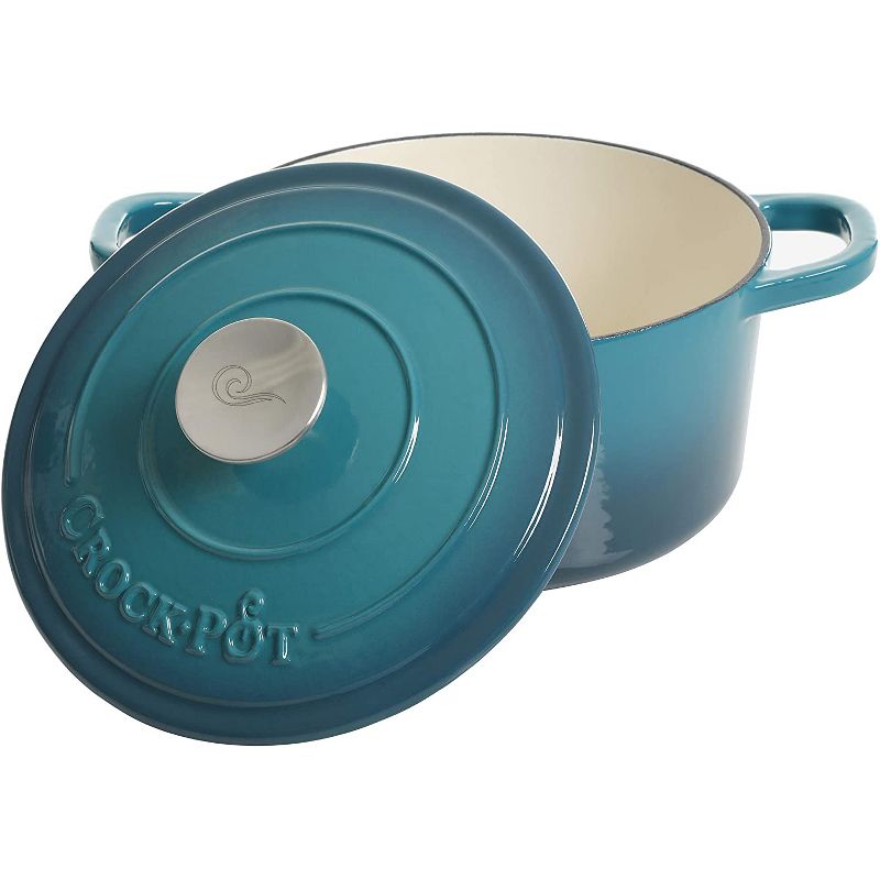 Crock-Pot 3 Quart Capacity Round Enamel Cast Iron Covered Dutch Oven Kitchen Cookware with Matching Self Basting Lid, Teal Ombre