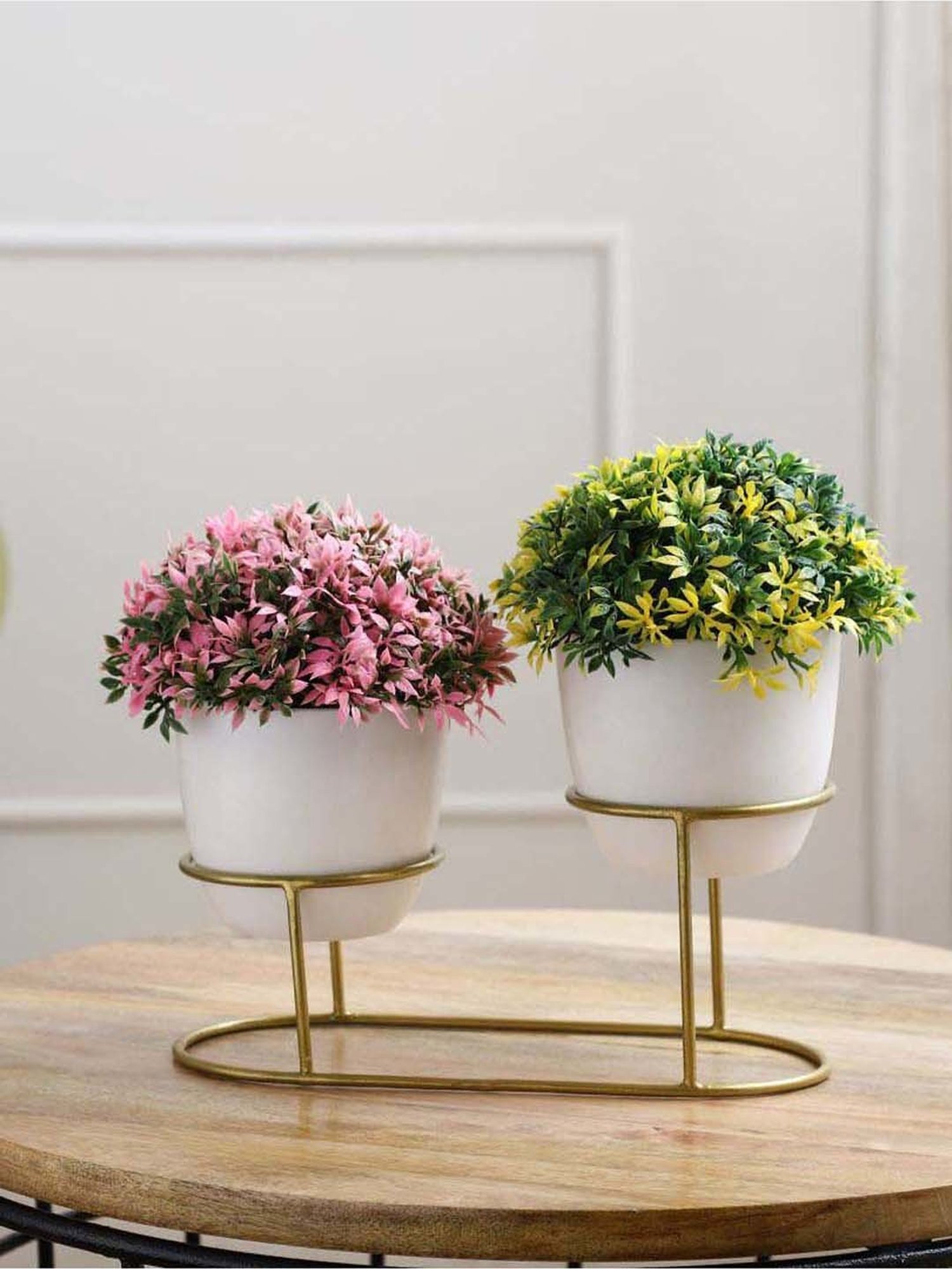 Foliyaj Multicolor Plastic Artificial Plants With Metal Holder - Set of 2