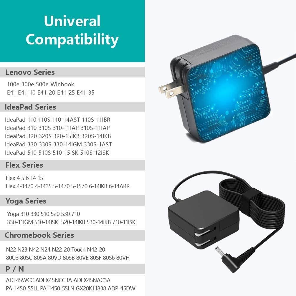 UL Listed AC Charger Fit for Lenovo IdeaPad 80S6 81C9 80R9 81A4 81A5 81CA 80UD 80T7 80TJ 80XR 80XM 80XS 80XL 80SF 80WG 80QQ 80YS 81B5 80V5 Model ADL45WCC PA-1450-55LL Laptop Power Supply Adapter Cord