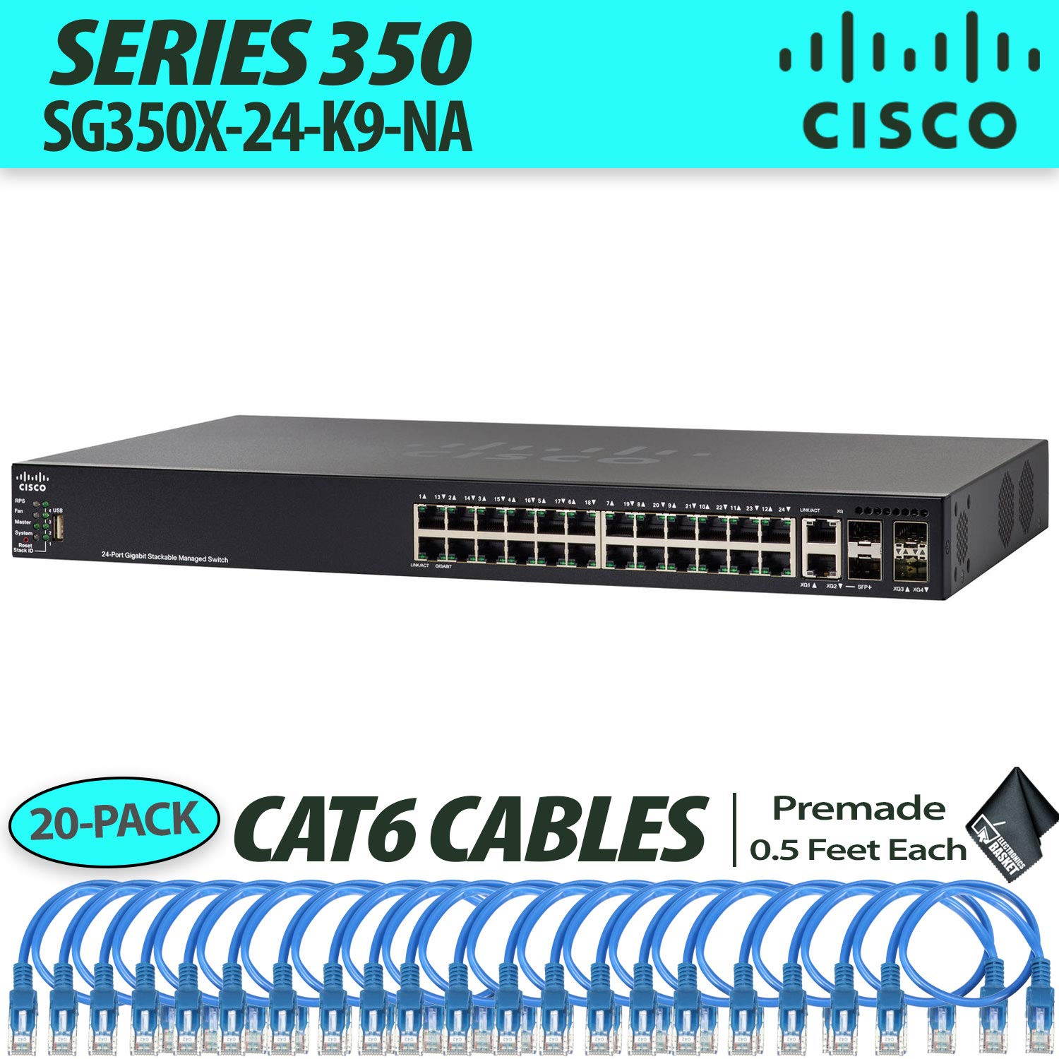 Cisco SG350X-24 24 Port Managed Layer 3 Switch + (10) .5 Foot CAT6 Cables + 1-Year Extended Warranty