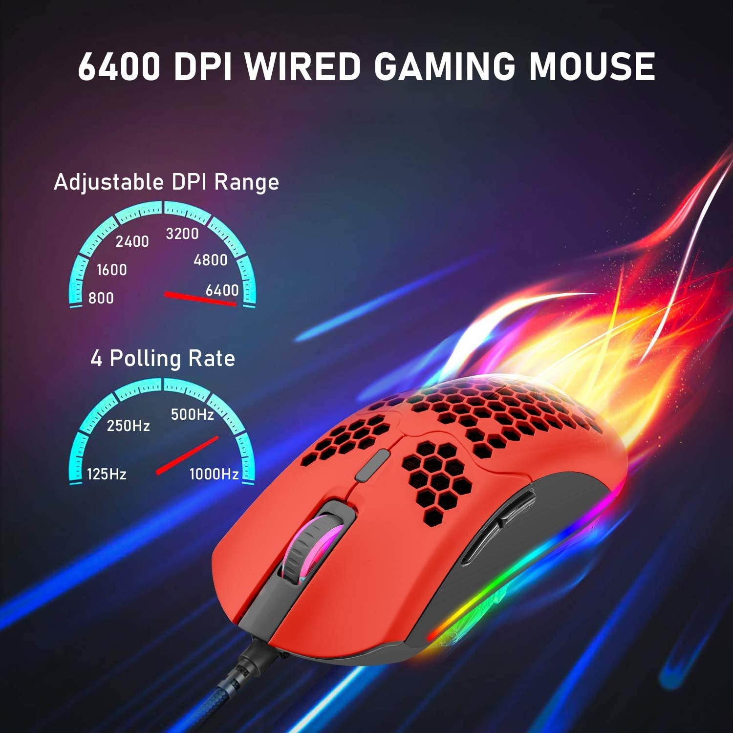 Wired Lightweight Gaming Mouse  6400DPI Backlit Mice with 7 Buttons Programmable DriverUltralight Honeycomb Shell Ultraweave Cable Mouse for PC Gamers and Xbox and PS4 Users(Red)