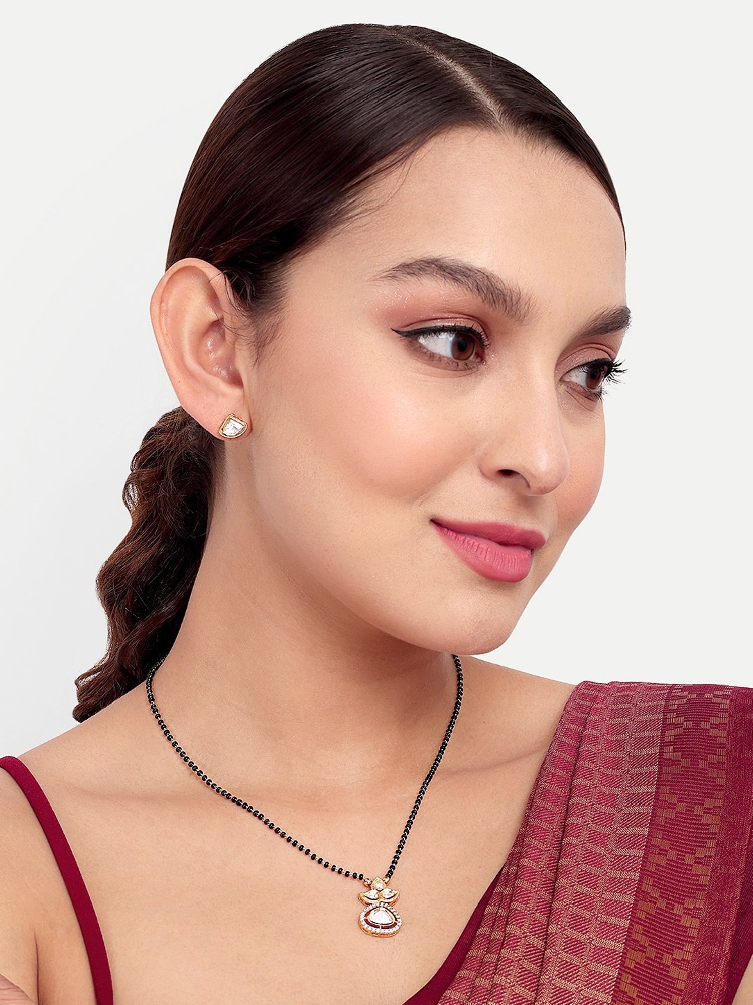 Abdesigns Gold-Plated American Diamond & Black Beaded Mangalsutra