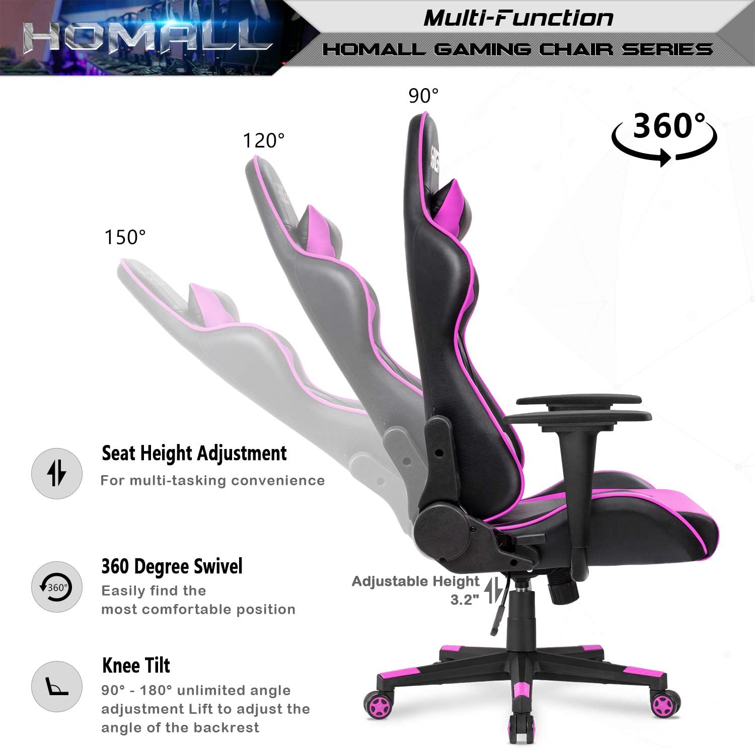 Homall Gaming Chair Office Chair High Back Computer Chair PU Leather Desk Chair Racing Executive Ergonomic Swivel Task Chair, Seat Height Adjustable, with Headrest and Lumbar Support (Blue)