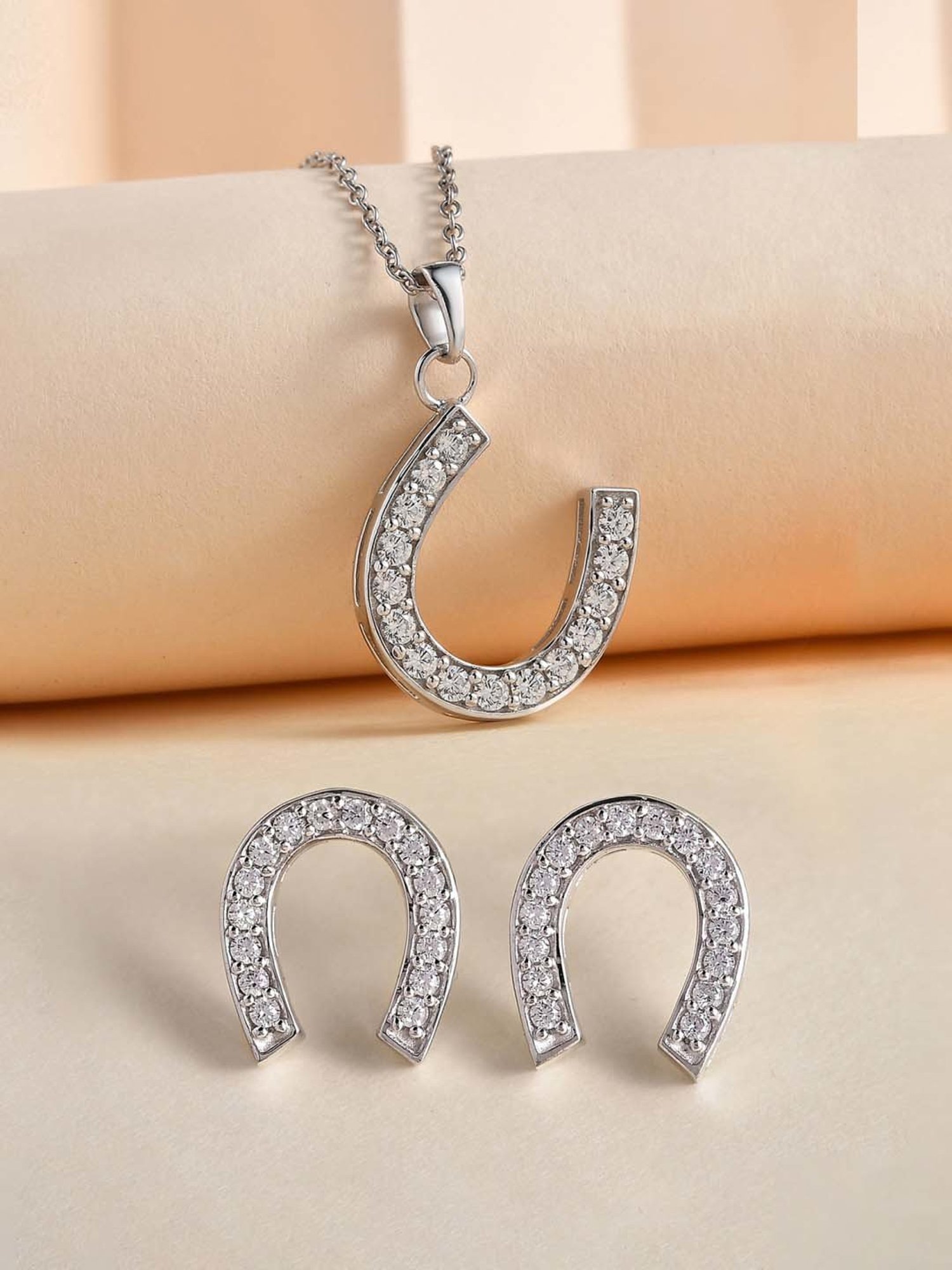 Ornate Jewels 92.5 Sterling Silver AD Horseshoe Necklace & Earring Set for Women