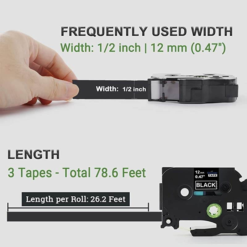 Compatible Label Tape Replacement for Brother PTouch TZe335 TZ 335 12mm 047 Inch Laminated White on Black for Ptouch Label Maker PTD210 PTH110 262 Feet 3 Pack