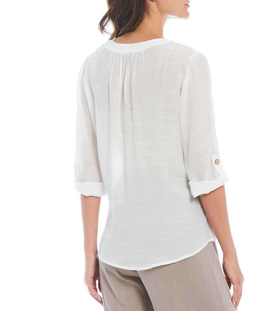 I.N. Studio Solid Gauzy Texture 3/4 Roll-Tab Sleeve Button Down Shirt