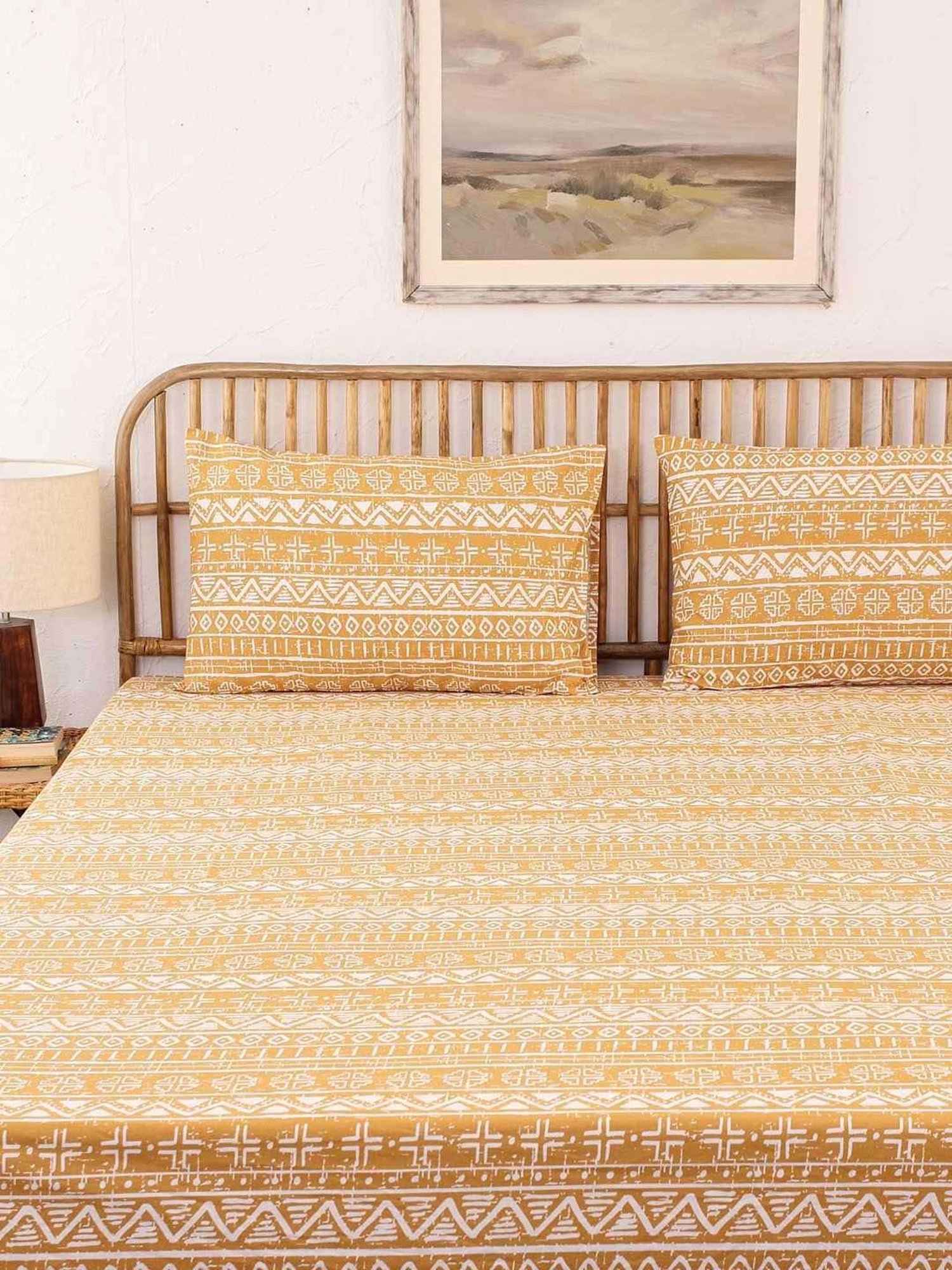 House This Kullu Patti Yellow 150 TC Cotton Fitted Bedsheet with 2 Pillow Covers