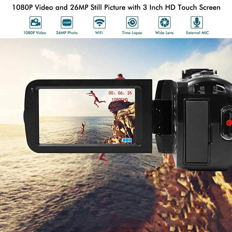 Ultra HD Video Camera Camcorder with Rechargeable Microphone 1080P 26MP WiFi Vlogging Camera YouTube Digital Camera IPS Touch Screen Remote Control IR Night Vision, Wide Lens