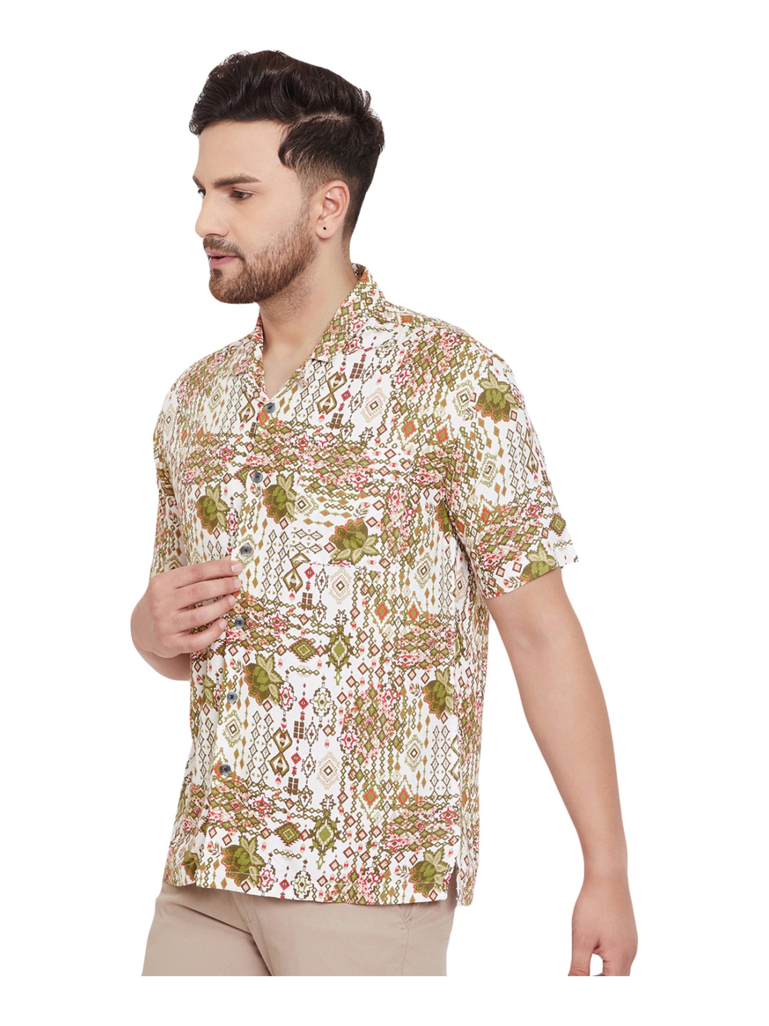 Even White & Green Slim Fit Printed Shirt