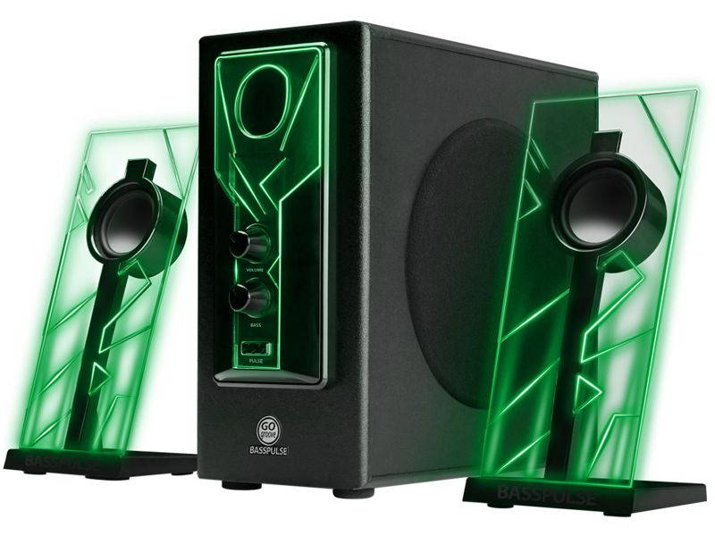 GOgroove BassPULSE Computer Speaker System with Blue LED Glow Lights & Powered Subwoofer - Works with PC, Apple MAC, ASUS, Acer, Alienware, CybertronPC, Dell, HP & More Computers