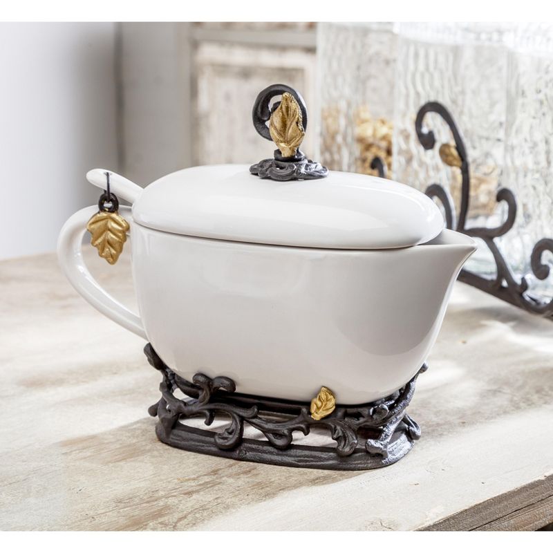 GG Collection White Stoneware Sauce Boat with Ladle and Metal Gold Leaf Base.