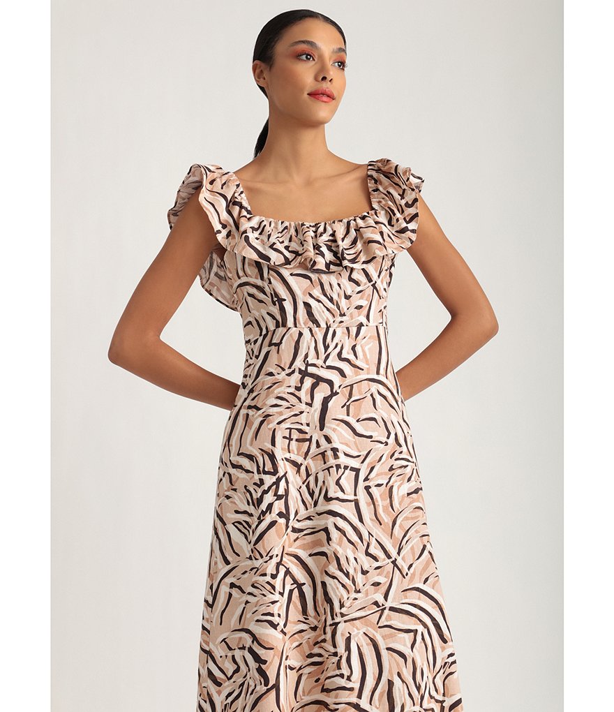 Donna Morgan Ruffle Square Neck Zebra Motif Linen Midi Dress
