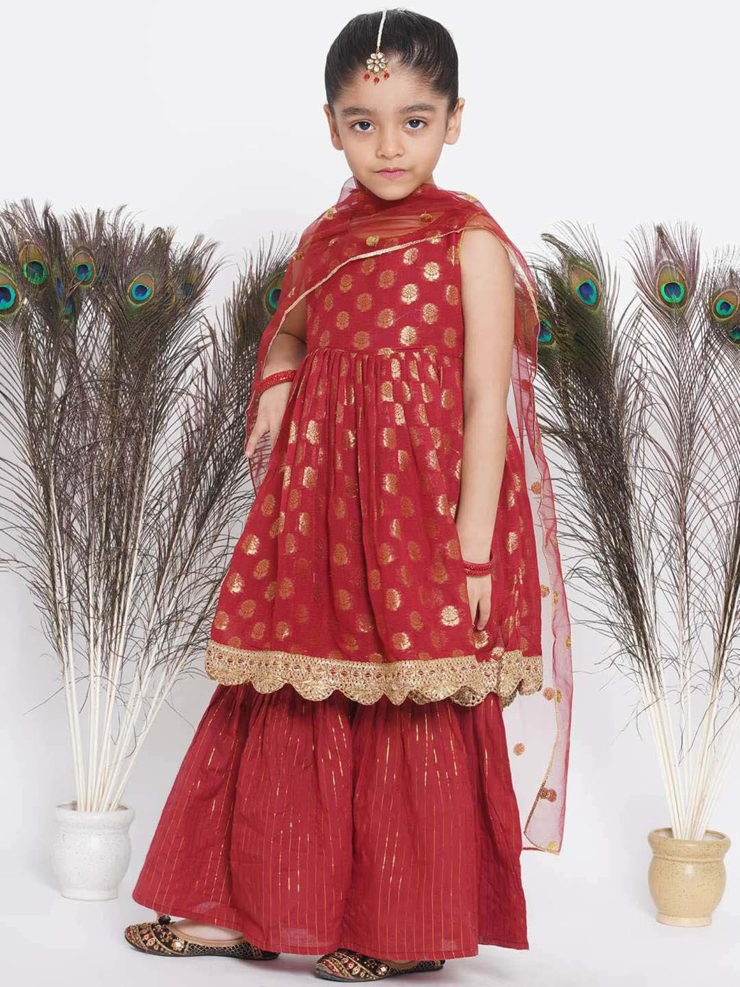 Little Bansi Maroon & Gold Cotton Embroidered Kurta Set