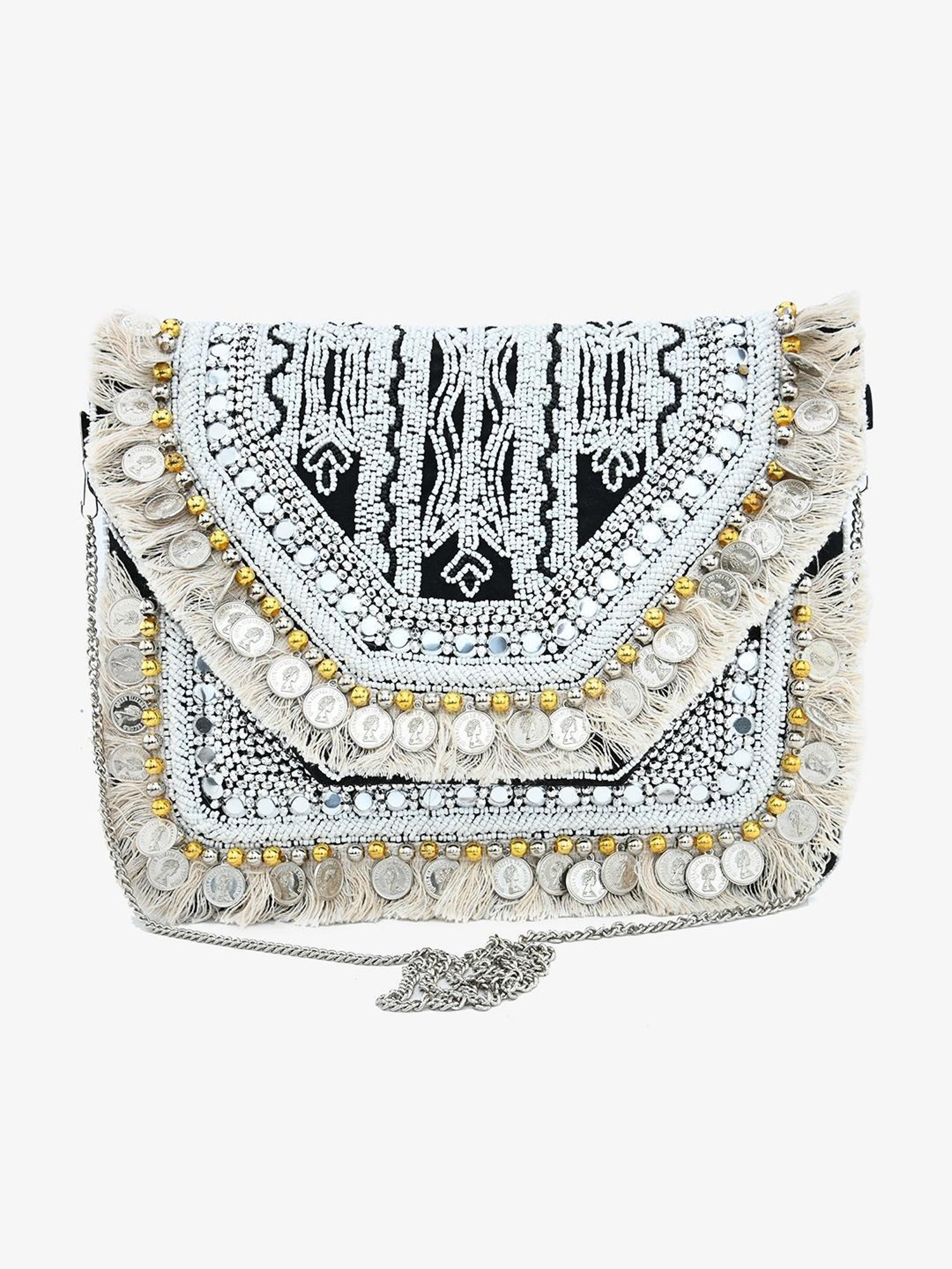 Gaurapakhi White Embellished Cross Body Bag