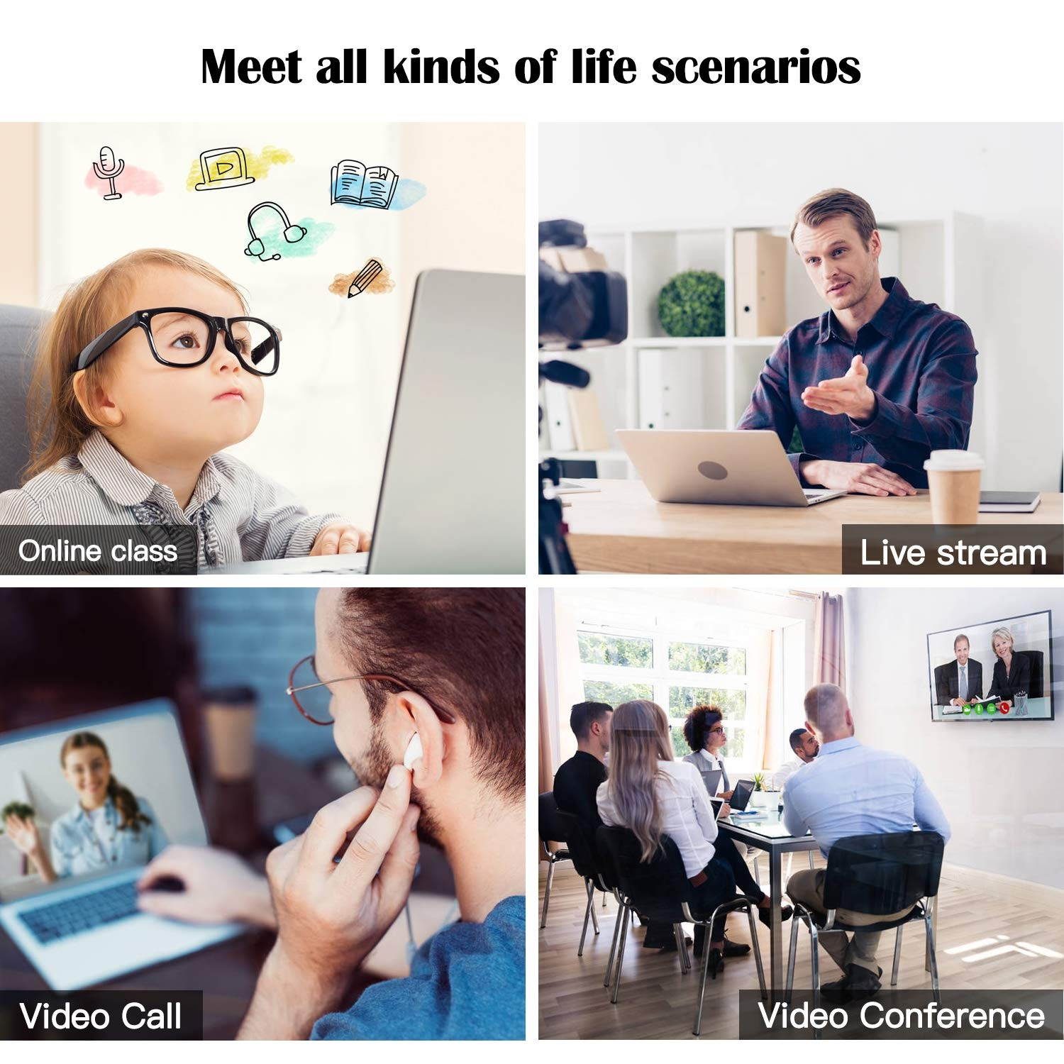 Webcam with Microphone,Full HD 1080P Live Streaming Webcam Auto Focus Plug and Play USB Computer Camera for Laptop/PC/Mac,Online Studying/Video Calling/Conferencing