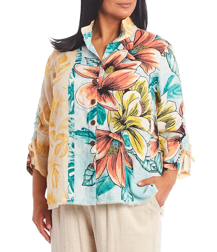 John Mark Plus Size Floral Print Point Collar Wire Neck Button Front Linen 3/4 Sleeve Blouse
