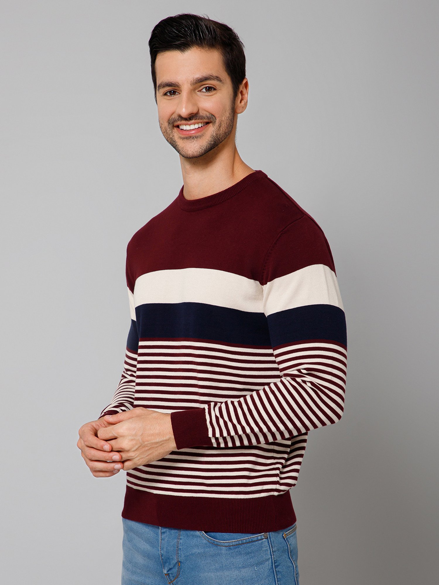 Cantabil Wine Regular Fit Striped Sweater