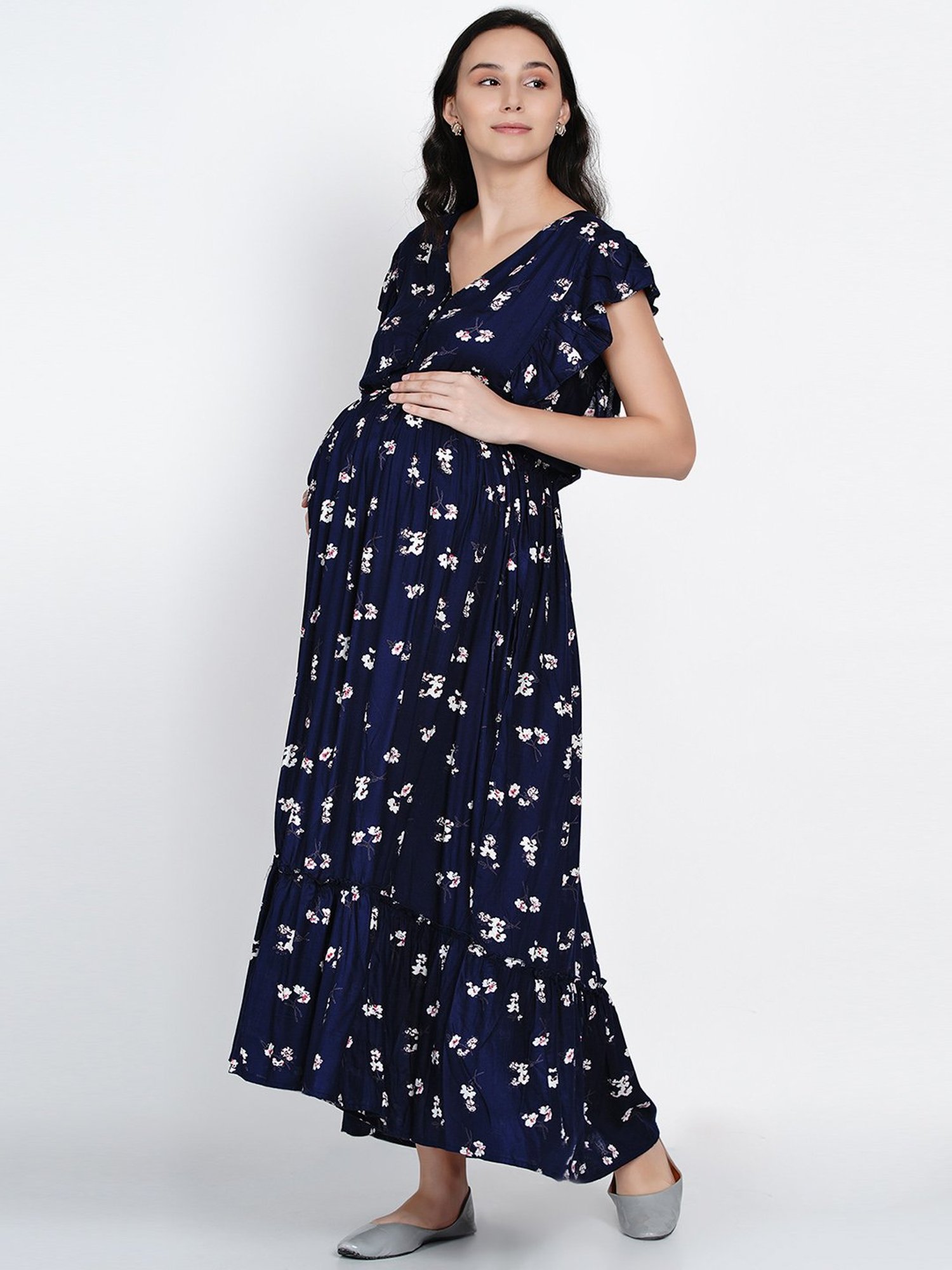 Mine4Nine Navy Floral Print Maternity Dress
