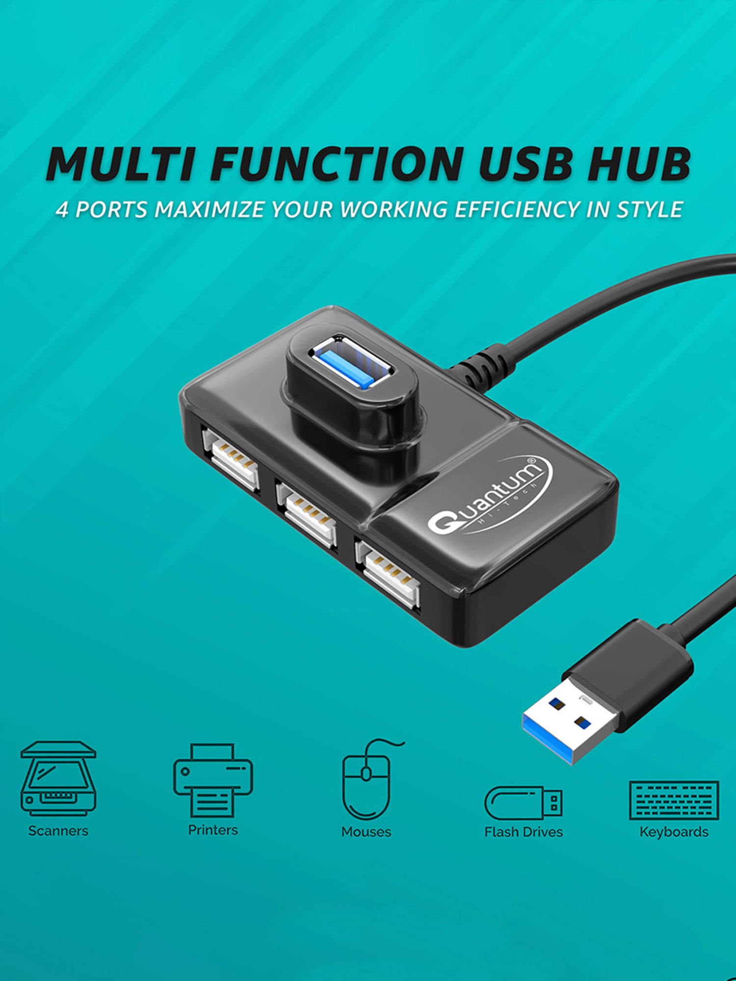 Quantum QHM7532 4 Port USB Hub, 1 Port 3.0 & 3 Port 2.0 with High Speed Data Transfer (Black)