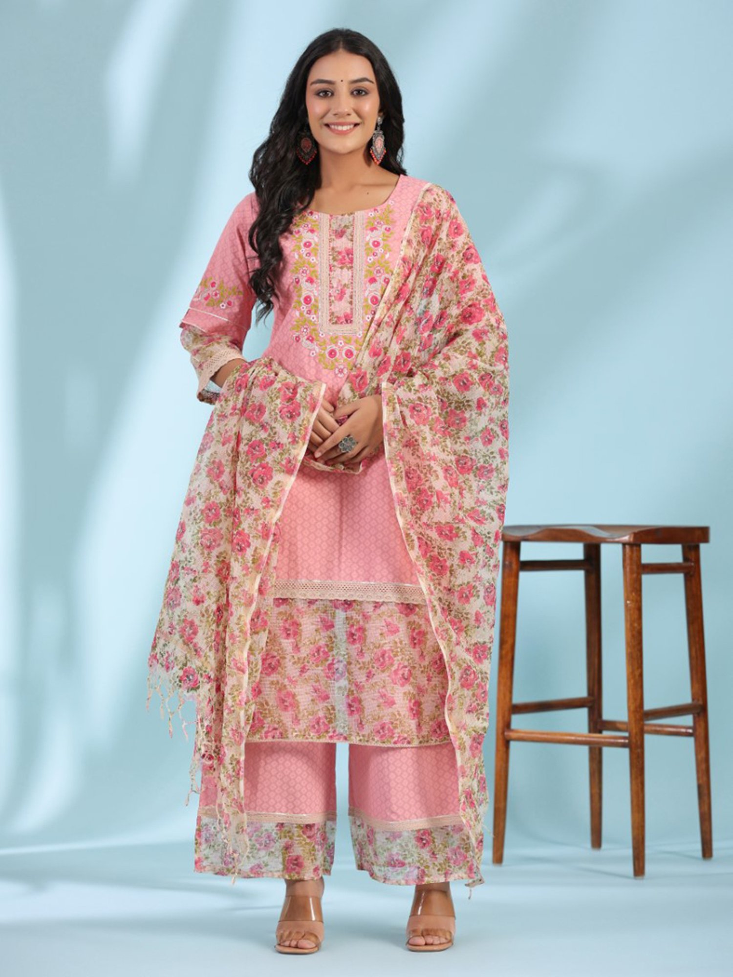 Juniper Pink Floral Printed & Laced Pure Cotton Kurta Palazzo Set With Printed Kota Doria Dupatta