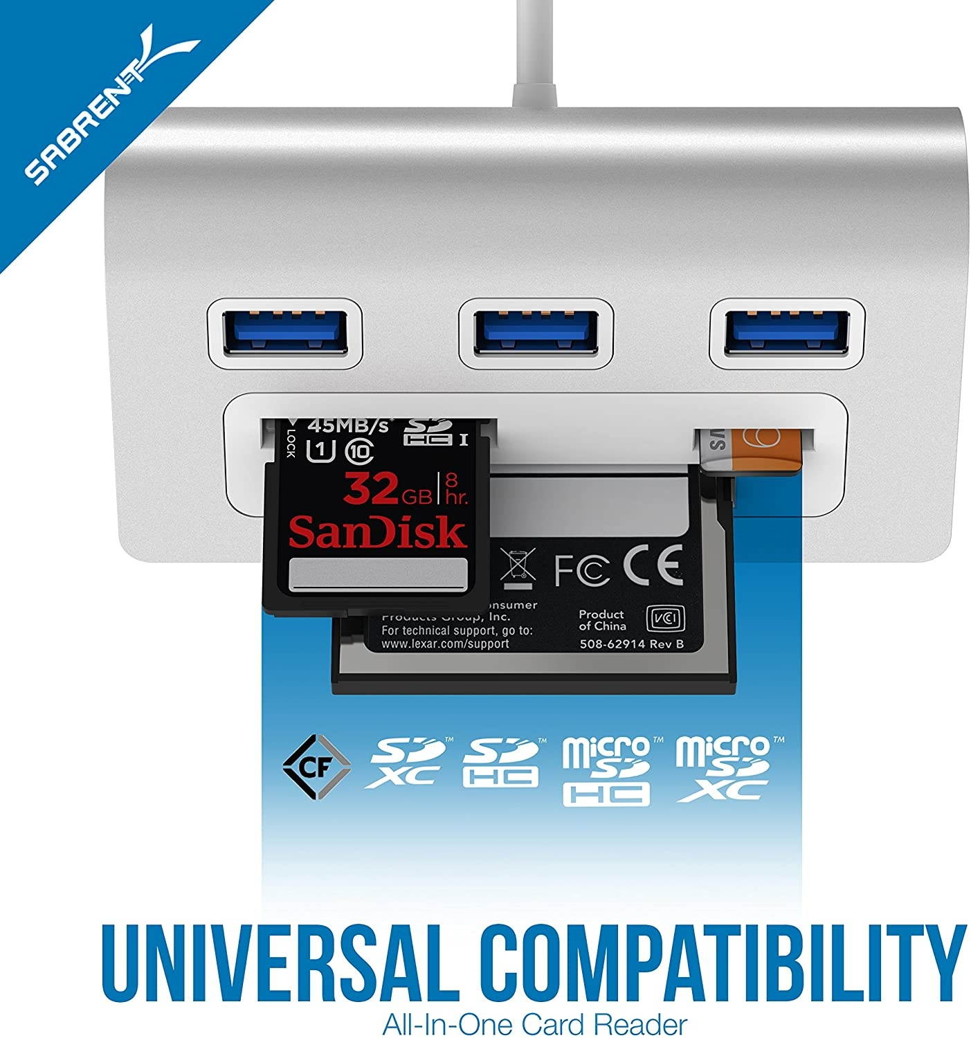 Sabrent 3 Port Usb 3.0 Hub With Cf/Sd/Tf Card Reader