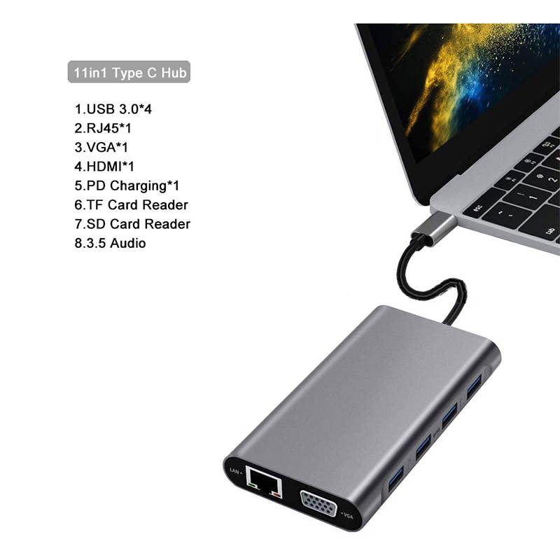 USB C Hub, 11 in 1 USB C Adapter with Gigabit Ethernet Port, PD Type C Charging Port, 4K HDMI, VGA, SD TF Card Reader, 4 USB 3.0 Ports and Audio Mic Port Compatible for MacBook, ChromeBook More