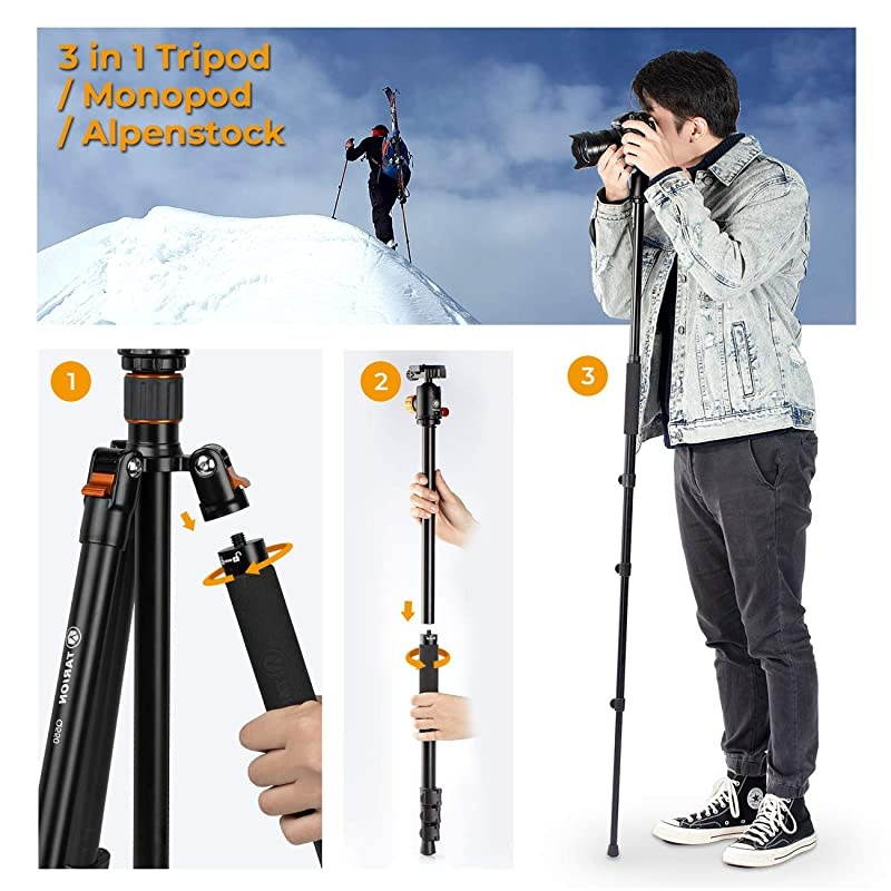 Camera Tripod Monopod 61in with Panorama Ball Head Aluminium Travel Tripod for DSLR Mirrorless Cameras Support Macro Shots Counter Weight 13lb Payload Lightweight 16.9" Foldable Size