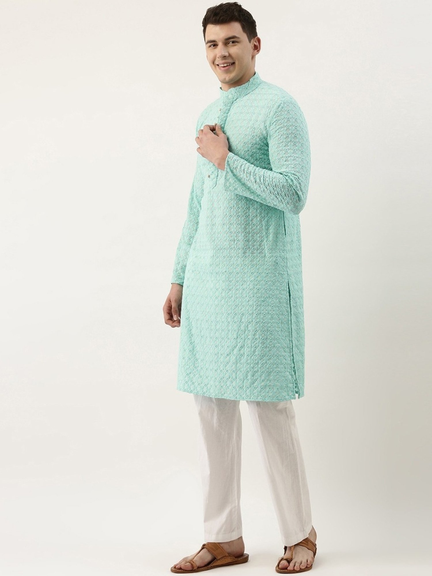 SWAGG INDIA Turquoise Cotton Regular Fit Embroidered Kurta