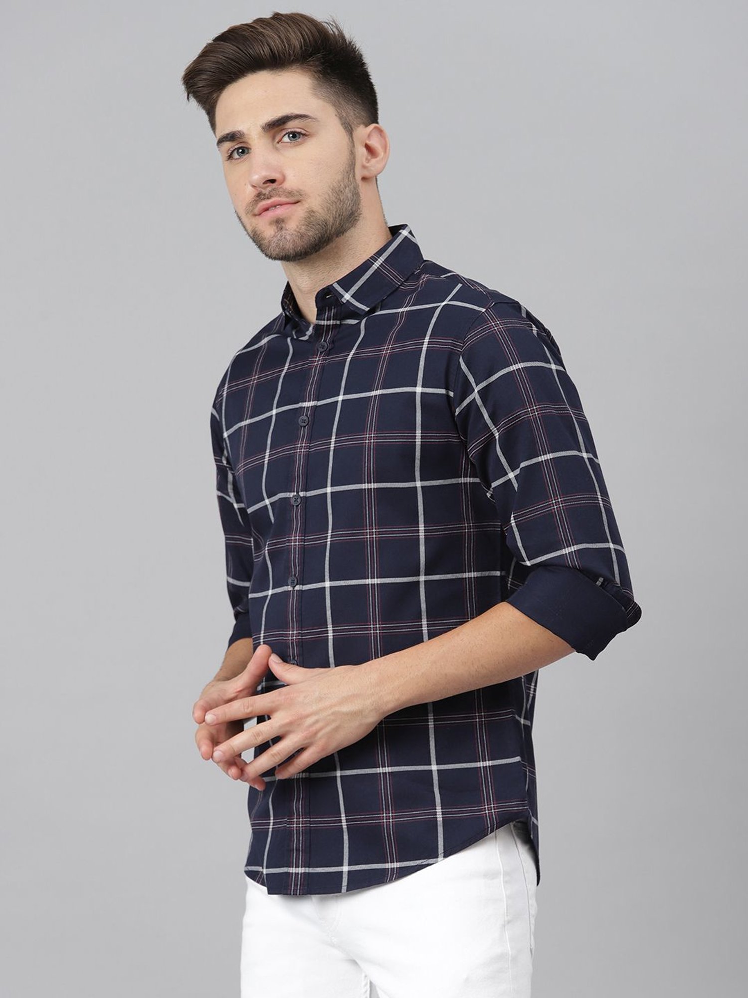 Dennis Lingo Navy Cotton Slim Fit Checks Shirt